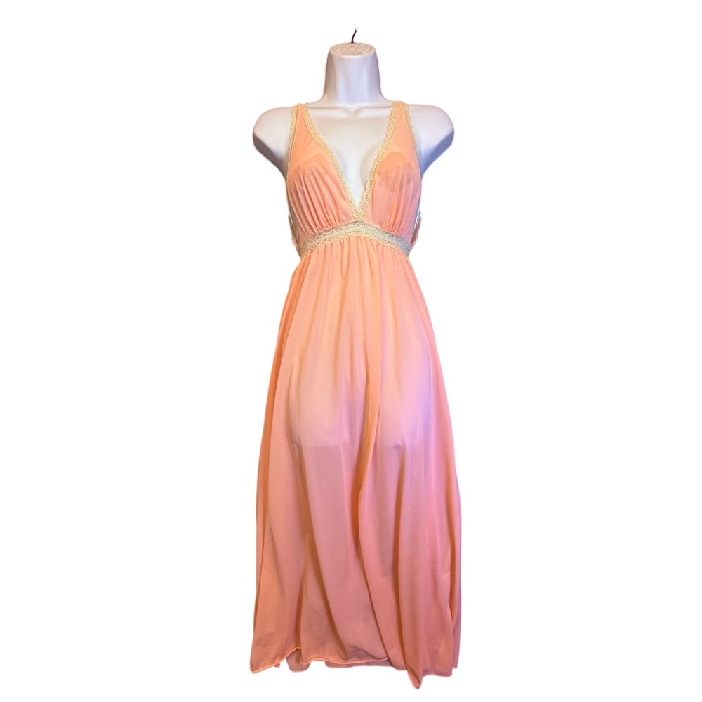 Vintage Olga 70's Secret Hug Peachy-Pink Lace Trim Maxi Nightgown S Coquette
